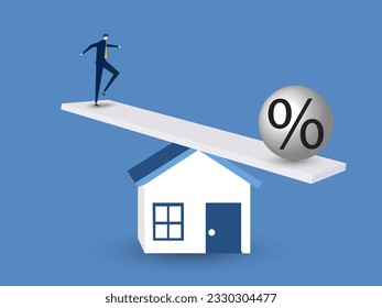 Businessman trying to balance with mortgage interest rate percentage on the house.Mortgage payment, house loan interest rate or balance between income and debt or loan payment, financial risk concept.