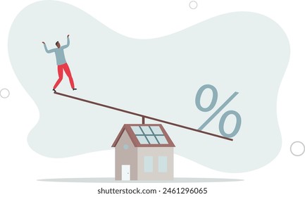 businessman trying to balance with mortgage interest rate percentage on the house .flat vector illustration.