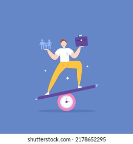 businessman trying to balance time with family and work. manage time for work and quality time with family. managing time. standing on the seesaw. illustration concept design