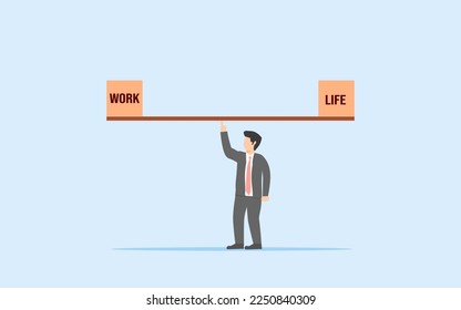 BUSINESSMAN TRYING TO BALANCE WORKING TIME AND TIME TO ENJOY LIFE. CONCEPT OF RESPONSIBILITY AND RIGHT
