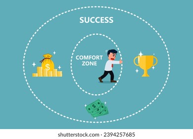 A businessman trying to break out of his comfort zone to achieve success. Pushing the limits Challenge yourself to overcome boundaries. Effort and strength to overcome limited attitude towards success
