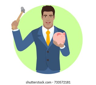 Businessman trying to break a piggy bank with a hammer. Portrait of Black Business Man in a flat style. Vector illustration.