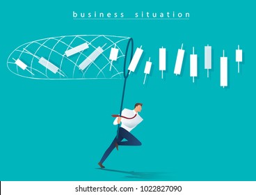businessman trying to catch candlestick chart business concept
