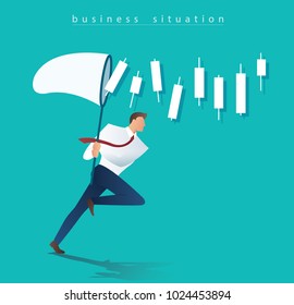 businessman trying to catch candlestick chart business concept 
