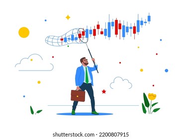 Businessman trying to catch candlestick chart business. Trader make profit with investment trading, stock market growth, get rich from Crypto trading. Flat vector illustration.