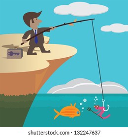 Businessman trying to catch a fish with unsuitable tools. Concept cartoon on vector tenth version encapsulated postscript.