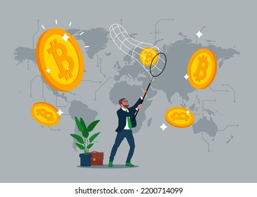 Businessman trying to catch flying coins bitcoin or golds with a butterfly net. Running entrepreneur man using business opportunity to scoop some bitcoin. Vector illustration.