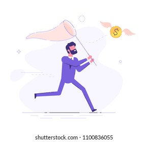 Businessman is trying to catch flying dollar coin with a scoop-net. Modern business character. Vector illustration.