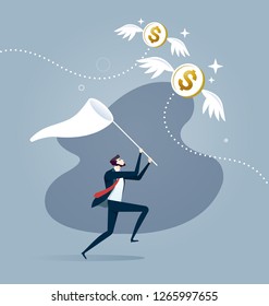 Businessman is trying to catch flying dollar coin with a scoop-net. Business concept vector