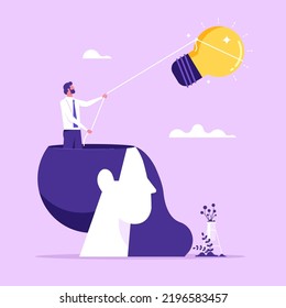 Businessman is trying to catch a flying light bulb. Search for ideas. Concept of chasing or pursuing innovative business idea. Flat vector illustration