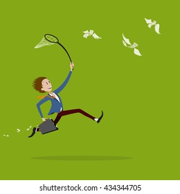 Businessman trying to catch flying money