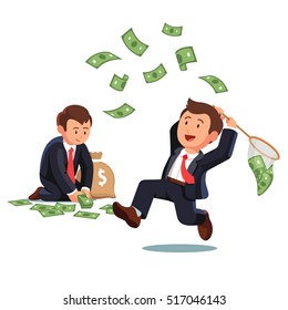 Businessman trying to catch flying money with a butterfly net and business man gathering dollar banknotes to a money sack. Opportunity to scoop some dollar bills. Flat style vector illustration.