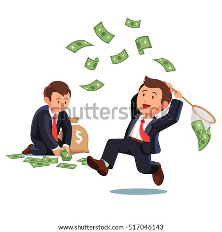 Businessman trying to catch flying money with a butterfly net and business man gathering dollar banknotes to a money sack. Opportunity to scoop some dollar bills. Flat style vector illustration.