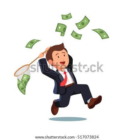 Businessman trying to catch flying money with a butterfly net. Happy running entrepreneur man using business opportunity to scoop some dollar bills. Flat style vector illustration.