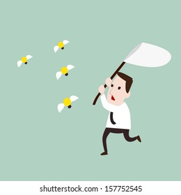 businessman trying to catch idea insects