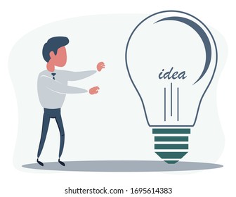 El hombre de negocios está tratando de atrapar una bombilla. Busca ideas. Ilustración vectorial plana.