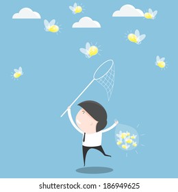 Businessman trying to catch a light bulb. vector illustration