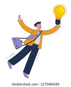 Businessman Trying To Catch Lightbulb Idea. Big New Idea, Creativity And Innovation To Change Or Invent New Product, Solution To Solve Problem. Vector Illustration