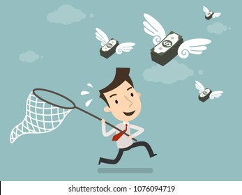 Businessman trying to catch money fly, Startup Business, Business concept, Vector illustration