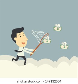 businessman trying to catch money fly