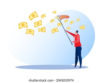 businessman trying to catch money fly sky vector illustrator.