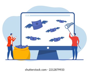 businessman trying to catch money fly on laptop .Financial success and earnings of business people. Investor success vector illustrator