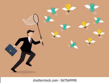 Businessman trying to catch money and lightbulb idea. Business metaphor