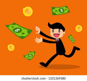 Businessman trying to catching money. vector illustration. 