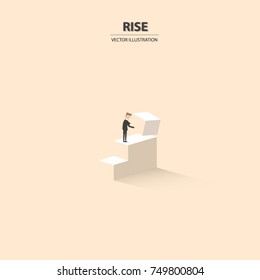 Businessman trying to climb up the column graph, stand for finding the solution to solve problem in business.