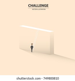 Businessman trying to climb up the ladder in front of a big wall, stand for solution to solve the problem in business.