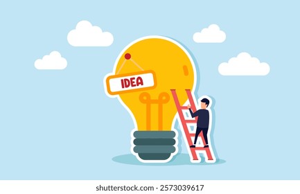 A businessman trying to climb a light bulb labeled IDEA using a ladder, illustration of efforts to generate ideas for business innovation. Illustration for your presentation and article