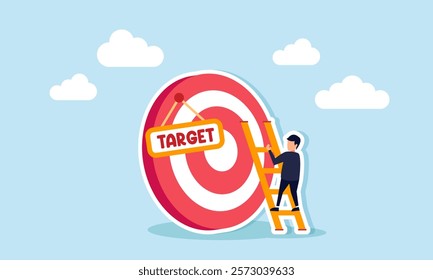 A businessman trying to climb a target board labeled TARGET using a ladder, illustration of efforts to achieve business targets. Illustration for your presentation and article