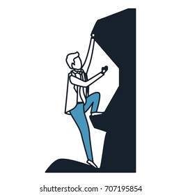 businessman trying to climb to the top of rock in color blue sections silhouette vector illustration