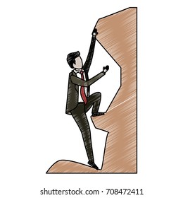 businessman trying to climb to the top of rock in pencils colored silhouette vector illustration