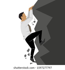 businessman trying to climb to the top of stone in white background 
