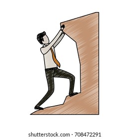 businessman trying to climb to the top of stone in pencils colored silhouette vector illustration