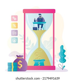 Businessman trying to complete work by deadline. Hourglass with sand transforming into gold coins. Employee works hard to increase income. Time management concept. Time is money. Vector illustration