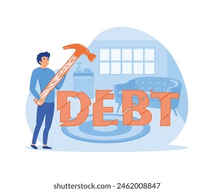 Businessman trying to crush and smash the heavy debt burden. Breaking the debt. flat vector modern illustration 