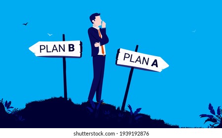 Businessman trying to decide between two alternatives. Business choice and dilemma concept. Vector illustration.