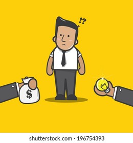 Businessman trying to decide between two choice - vector 