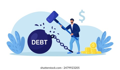 Businessman trying to destroy debt ball with hammer. Man smashes burden of taxes. Financial independence. Lack of debts. Person solve financial problems. Character freed from monetary obligations