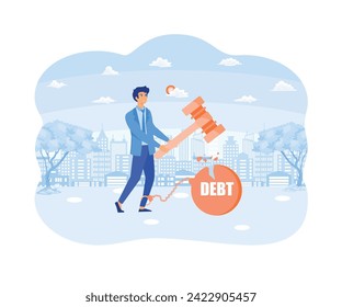  Businessman trying to destroy iron ball with debt word that chained his feet with hammer. flat vector modern illustration 