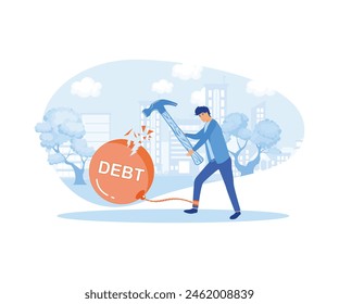 Businessman trying to destroy iron ball with debt word that chained his feet with hammer, symbolizing struggle for freedom from crisis. flat vector modern illustration 