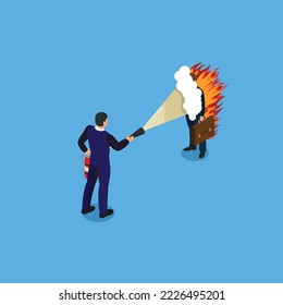 Businessman trying to extinguish his colleague who is on fire isometric 3d vector illustration concept for banner, website, illustration, landing page, flyer, etc.