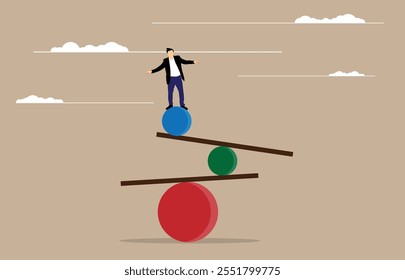 Hombre de negocios tratando de encontrar el equilibrio en una frágil construcción de balancín. Trabajo y finanzas, gestión del Arte vectorial empresarial