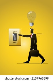 A businessman trying to find new ideas by turning on the power switch