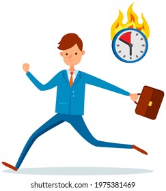 Businessman trying to finish work on time. Stress and deadline at work. Male employee is in hurry to deal with deadlines. Man in business suit rushing and running with suitcase to finish task