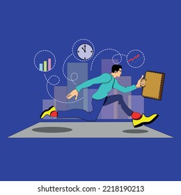 Businessman trying to finish work on time. Stress and deadline at work. Male employee is in hurry to deal with deadlines. Man in business suit rushing and running with suitcase to finish task