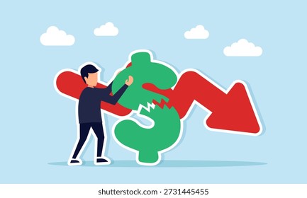 Businessman trying to fix broken dollar sign near falling red arrow illustration of currency value damage caused by inflation