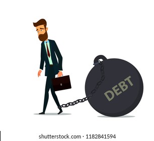 Businessman trying to go with a huge weight of debt chained to his leg. Credit slavery concept.Vector illustration of a flat design.